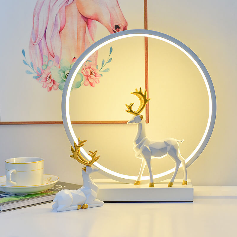 Lámpara de mesa LED de noche con enchufe USB, círculo de hierro y acrílico con ciervo, estilo nórdico contemporáneo, para dormitorio 
