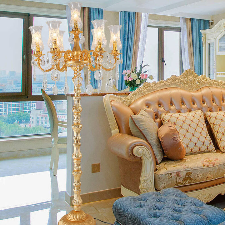 Traditional Luxury Golden Crystal Zinc Alloy Candle Holder 7-Light Standing Floor Lamp For Bedroom