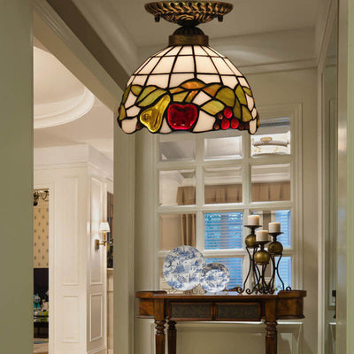 Vintage Tiffany Fruit Stained Glass 1-Light Semi-Flush Mount Ceiling Light