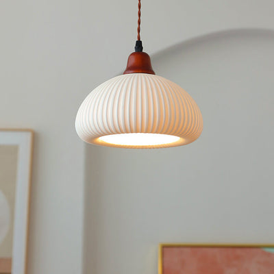 Japanese Vintage Pleated Ceramic Round Dome Wood 1-Light Pendant Light