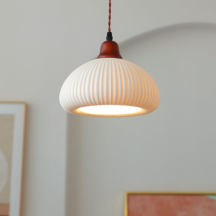 Japanese Vintage Pleated Ceramic Round Dome Wood 1-Light Pendant Light