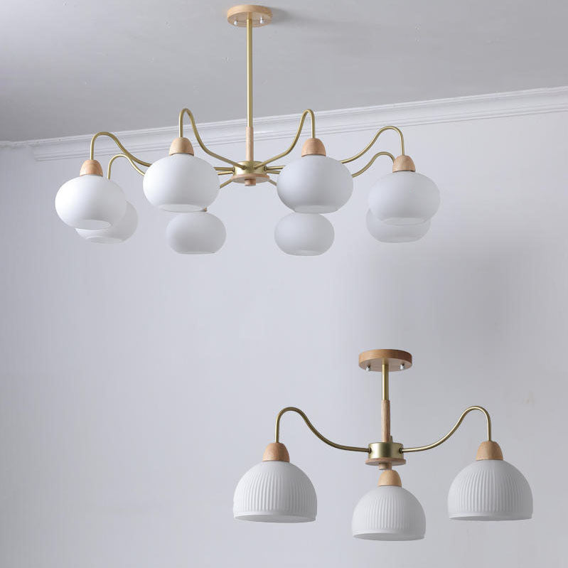 Nordic Japanese Glass Round Wood 3/6/8 Light Chandelier