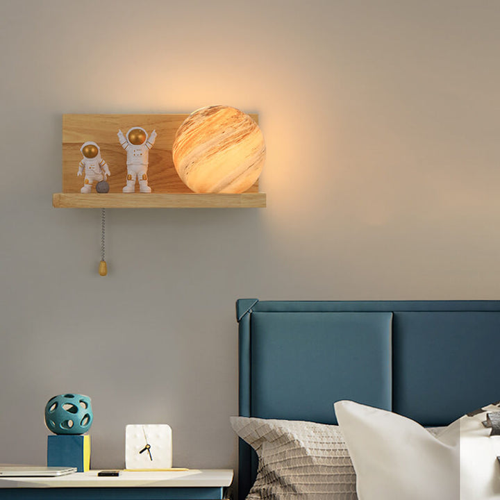 Contemporary Creative Planet Glass Solid Wood Square Base 1-Light Wall Sconce Lamp for Bedroom Living Room