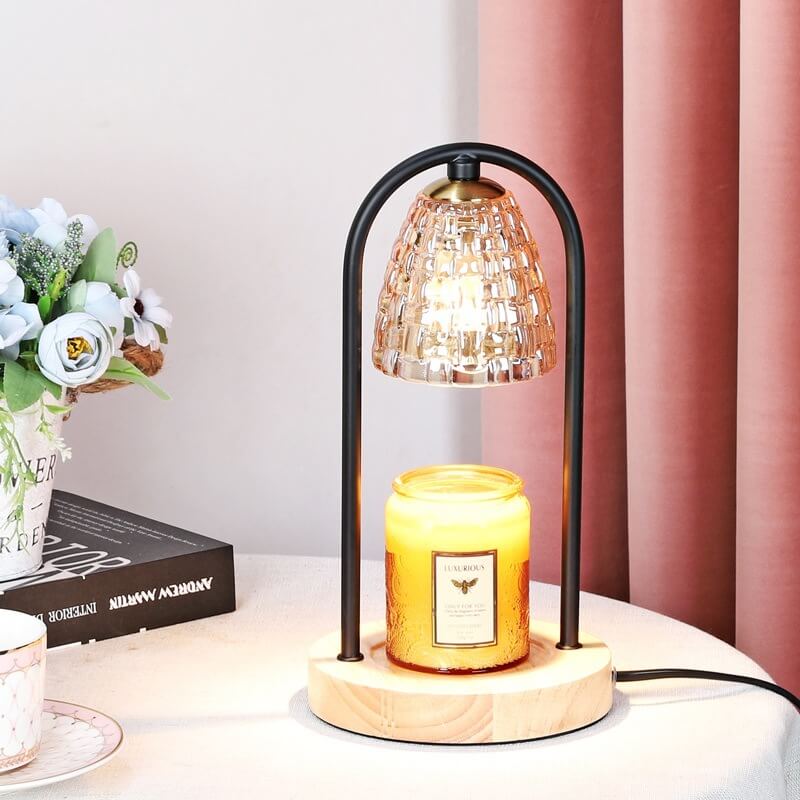 Lampe de table à cire fondue à 2 lumières avec abat-jour en verre de luxe moderne et base en bois 