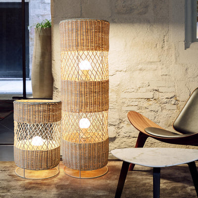 Minimalist Rattan Weaving Round Column 1/2 Light Standing Floor Lamp