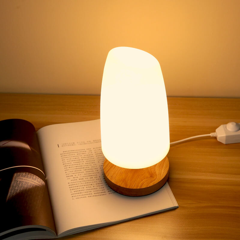 Kreative LED-Tischlampe mit PE-Säule und Holzsockel