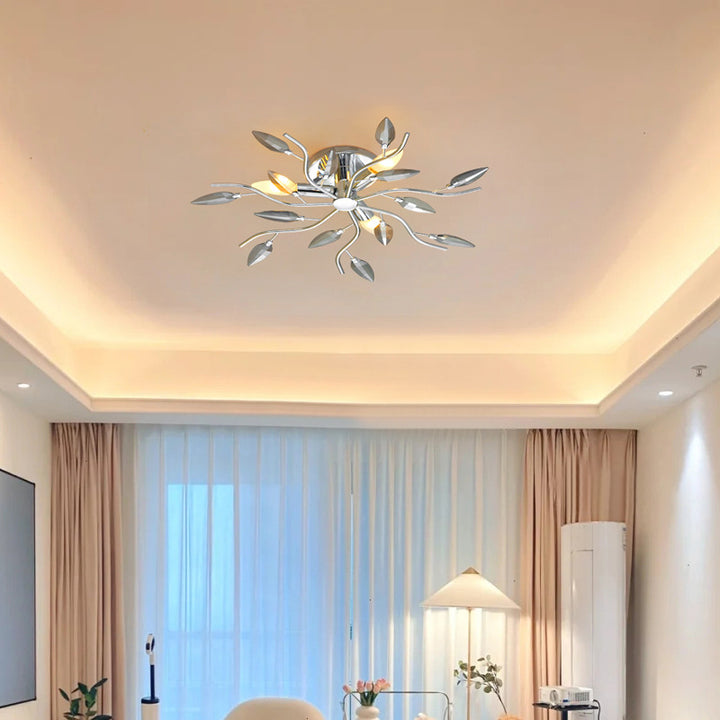Modern  Luxury Leaves Iron Glass 3-Light Semi-Flush Mount Ceiling Light for Living Room