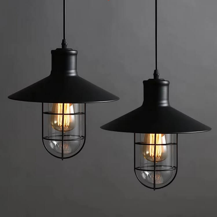 Contemporary Industrial Round Black Cage Iron 1-Light Single Bell Pendant Light For Living Room