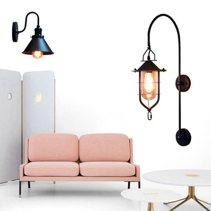 Contemporary Industrial Iron Glass Cage Curved Arm 1-Light Wall Sconce Lamp For Living Room &amp; Bedroom