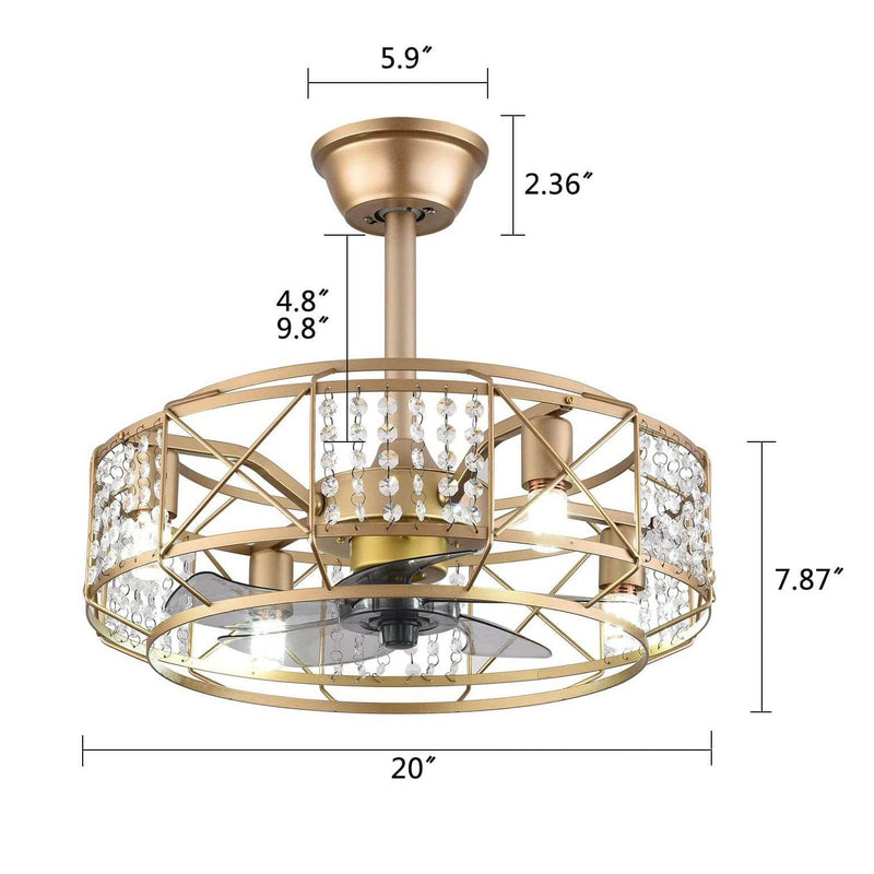 Modern Luxury Gold Drum Crystal 4-Light Downrods Ceiling Fan Light