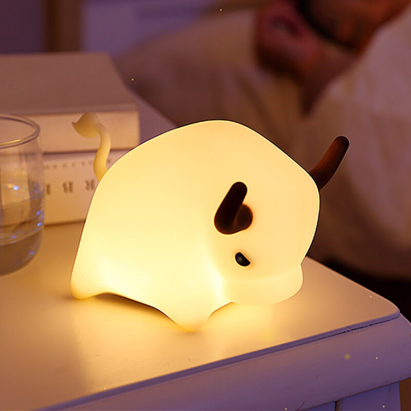 Lámpara de Mesa Luz Nocturna LED Regulable con Temporizador USB de Silicona en Forma de Vaca Animal 
