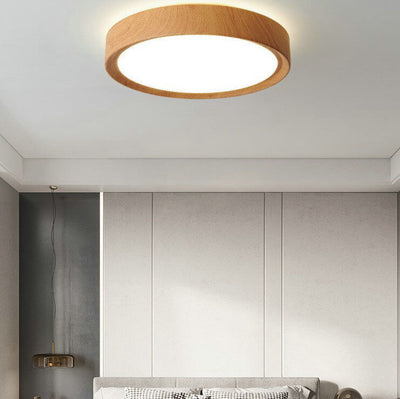 Modern Minimalist Round Wood Grain Iron Acrylic LED Flush Mount Light