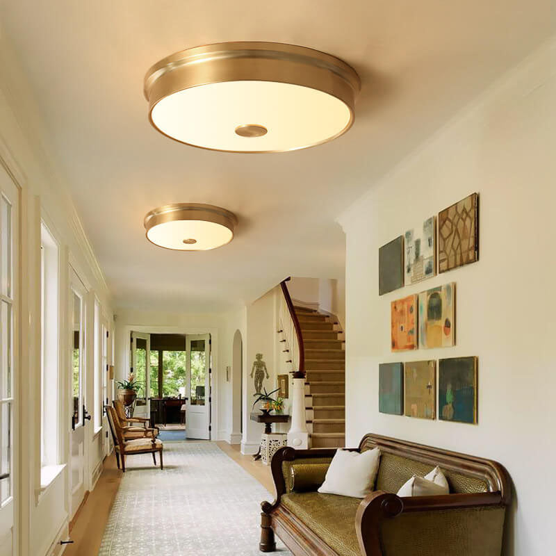 European Simple Full Copper Round Flush Mount Ceiling Light