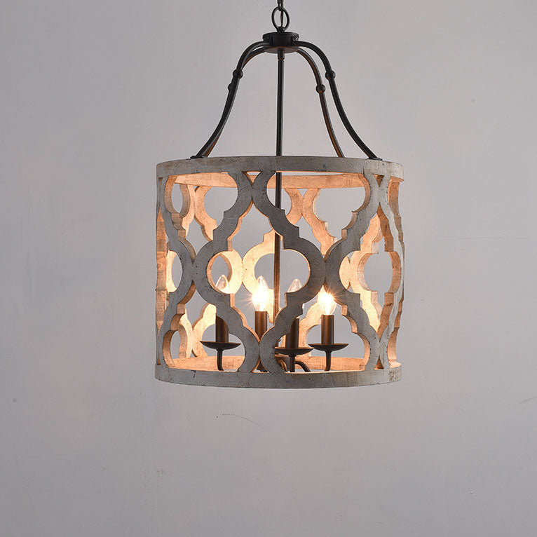 French Vintage Wooden Cylindrical Hollow Cage 4-Light Chandelier