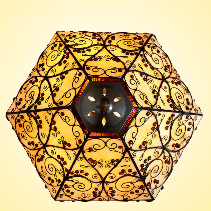 Lampe de Table à 2 Lumières en Verre Coloré Hexagonal à Motif Vigne de Tiffany Européen 