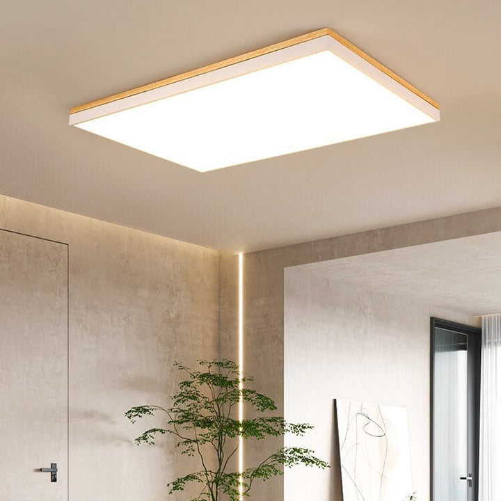Moderne minimalistische LED-Deckenleuchte zur flachen Montage aus massivem Holz und Acryl in quadratischer Rechteckform für das Wohnzimmer 
