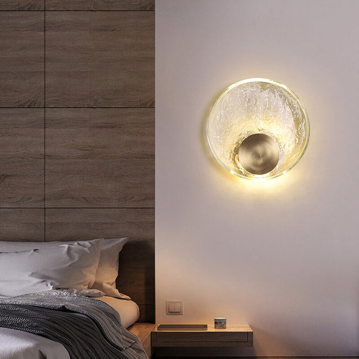 Aplique de pared LED redondo de vidrio y cobre de lujo moderno para dormitorio 
