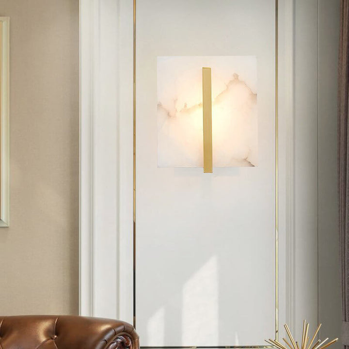 Traditional Chinese Marble Copper Square 1-Light Wall Sconce Lamp For Bedroom