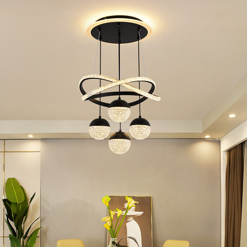 Moderner luxuriöser LED-Kronleuchter aus Acryl und Eisen mit Kugeln und geschwungener Form für das Wohnzimmer 
