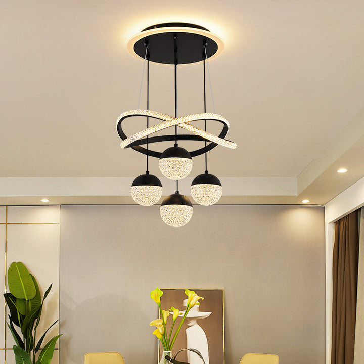 Moderner luxuriöser LED-Kronleuchter aus Acryl und Eisen mit Kugeln und geschwungener Form für das Wohnzimmer 