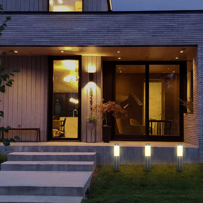 Moderna luz de paisaje de jardín LED para exteriores con energía solar, impermeable, de acero inoxidable cilíndrico, para insertar en el suelo del césped 