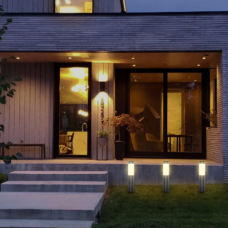 Moderna luz de paisaje de jardín LED para exteriores con energía solar, impermeable, de acero inoxidable cilíndrico, para insertar en el suelo del césped 