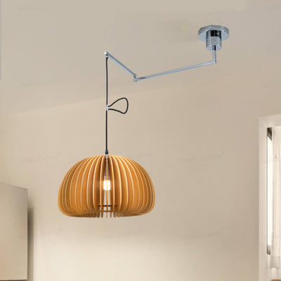 Japanese Minimalist Wooden Pumpkin Swing Arm 1-Light Pendant Light