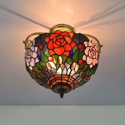 Tiffany European Stained Glass Rose Design 2-Light Semi-Flush Mount Light