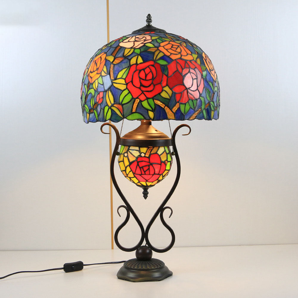 Traditional Tiffany Floral Stained Glass Iron Resin Round Pot 3-Light Table Lamp For Bedroom