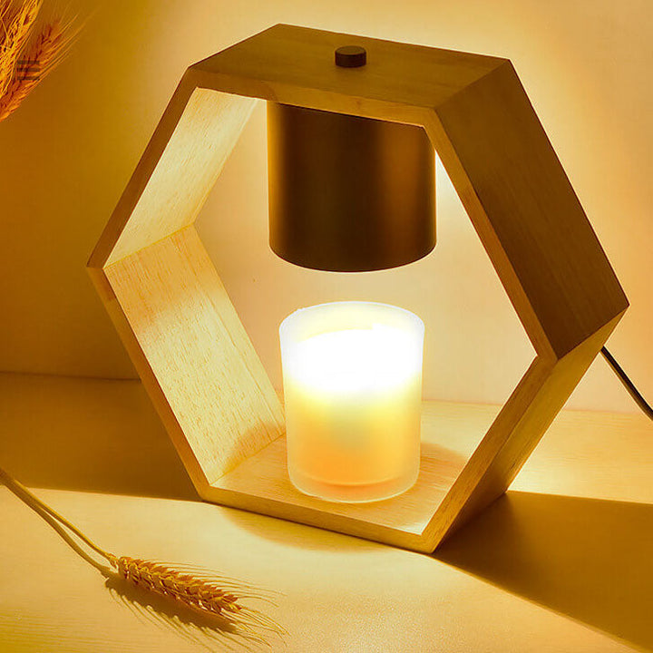 Zeitgenössische nordische sechseckige Tischlampe aus Holz und Metall mit 1 Flamme und schmelzendem Wachs für das Schlafzimmer 