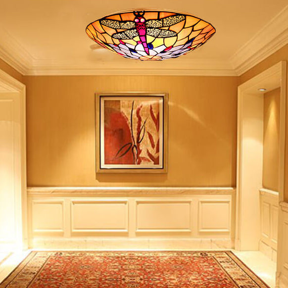 Luz de techo empotrada de vidrio con libélula naranja Tiffany europea 2/3 luces 