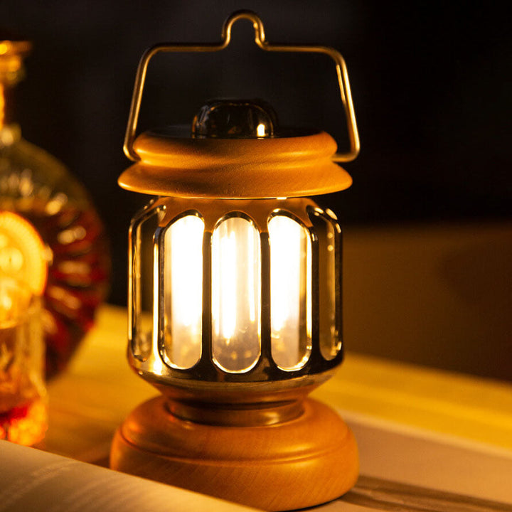Vintage Outdoor Teapot Shape Wood Base LED Rechargeable Portable Camping Light