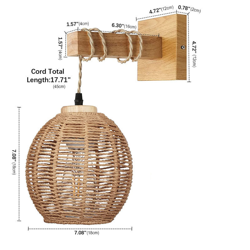 Zeitgenössische Boho Rattan Webkäfig Holzträger 1-Licht Wandleuchte für das Wohnzimmer 
