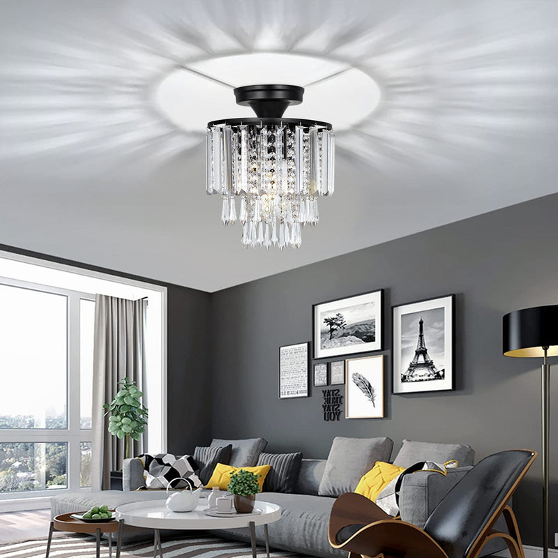 Modern Minimalist Round Tassel Iron Crystal 1-Light Semi-Flush Mount Ceiling Light For Living Room