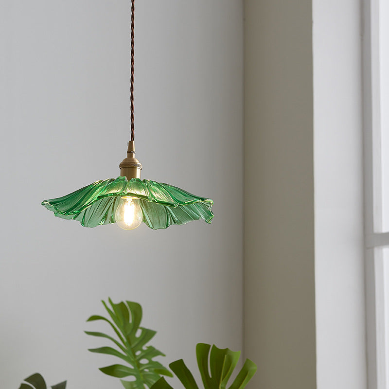 Traditionelle Vintage Messing Lotusblatt Glasschirm 1-Licht Pendelleuchte für Wohnzimmer 