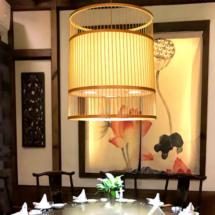 Modern Bamboo Weaving 3-Light Cylinder Chandelier