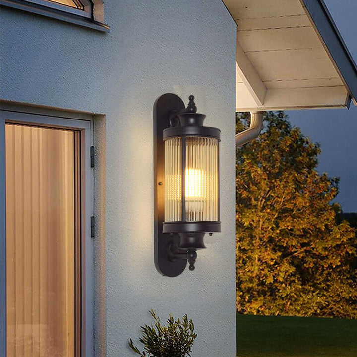 Lampe murale moderne chinoise cylindrique en verre et fer pour extérieur, 1 lumière, étanche 