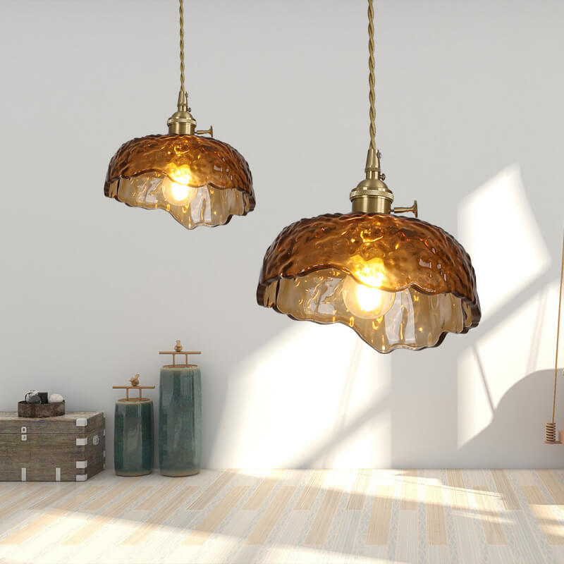 Suspension Luminaire à 1 Lumière en Laiton et Verre Texturé Vintage 