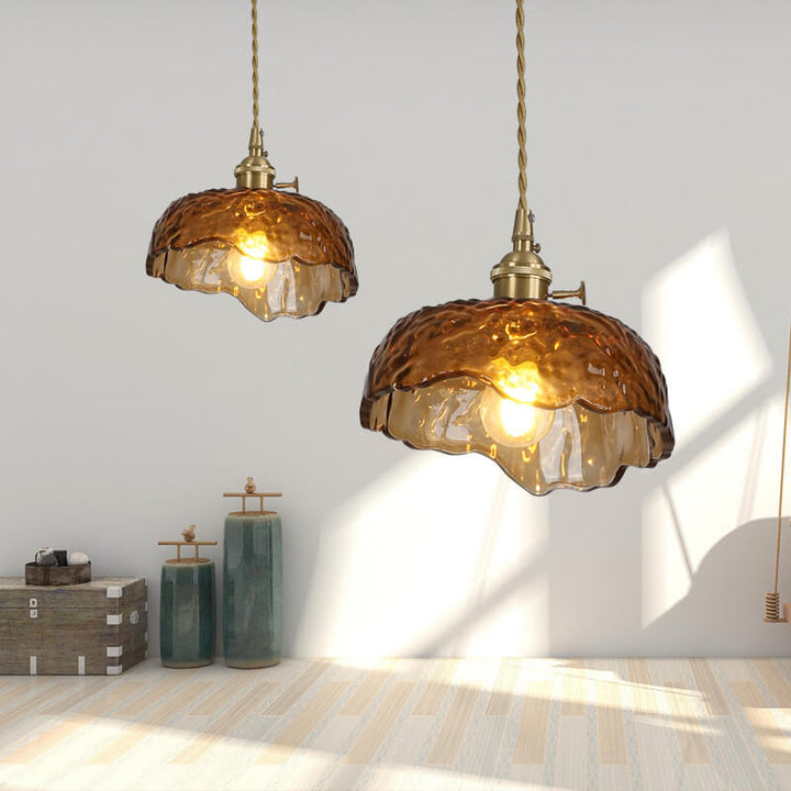 Suspension Luminaire à 1 Lumière en Laiton et Verre Texturé Vintage 