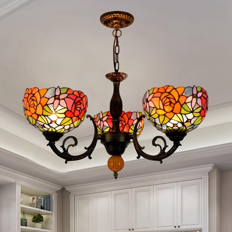 European Tiffany Showy Rose Stained Glass 3-Light Chandelier