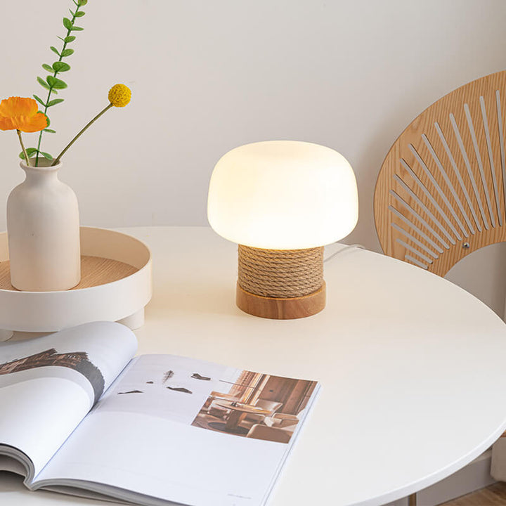 Lampe de table Vintage Crème Champignon Verre Ficelle Chêne 1 lumière 