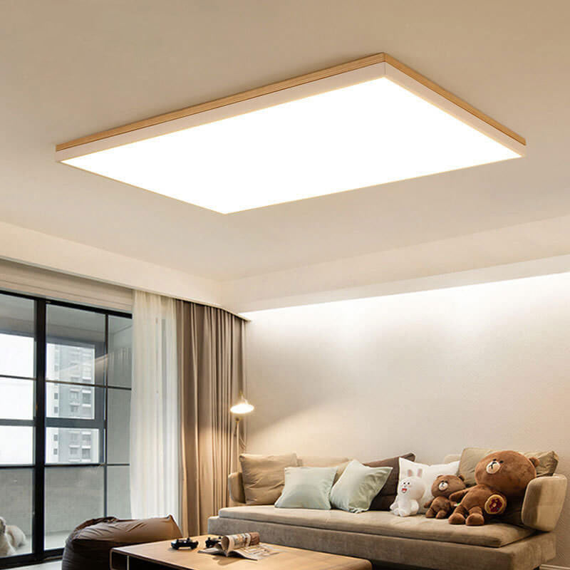 Moderne minimalistische LED-Deckenleuchte zur flachen Montage aus massivem Holz und Acryl in quadratischer Rechteckform für das Wohnzimmer 