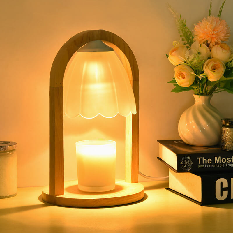 Lampe de Table à Cire Fondue avec Abat-jour en Verre et Anneau en Bois Moderne à Intensité Variable 1 Lumière 