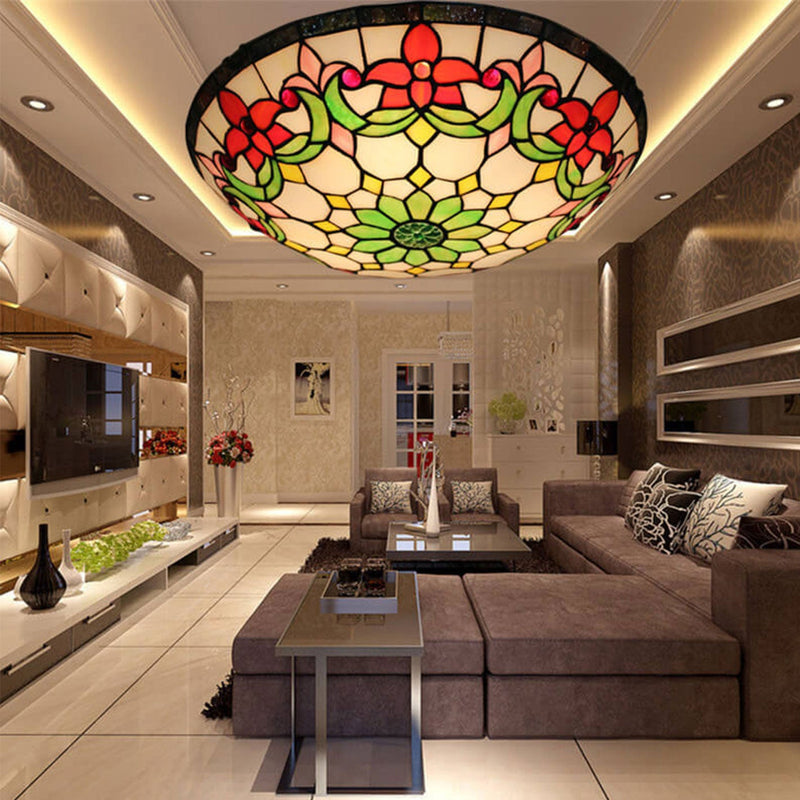 European Tiffany Flowers Stained Glass 3-Light Flush Mount Ceiling Light