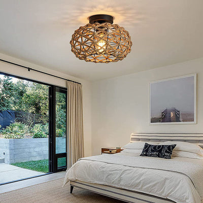 Traditionelle rustikale Hanfseil-Weberei Eisenkäfig 1-Licht Semi-Flush Mount Deckenleuchte für Schlafzimmer 