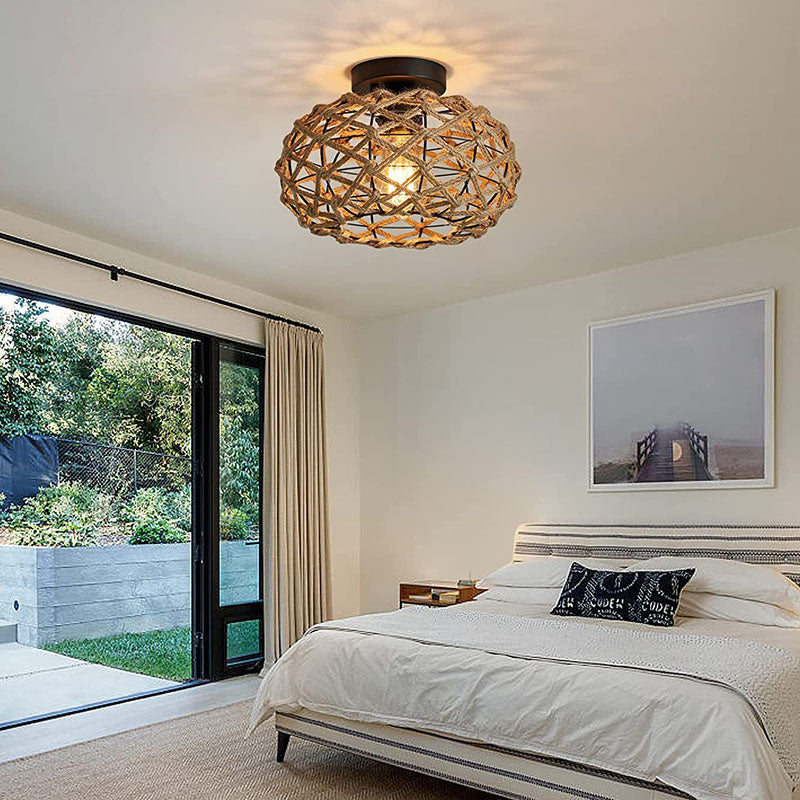 Traditionelle rustikale Hanfseil-Weberei Eisenkäfig 1-Licht Semi-Flush Mount Deckenleuchte für Schlafzimmer 
