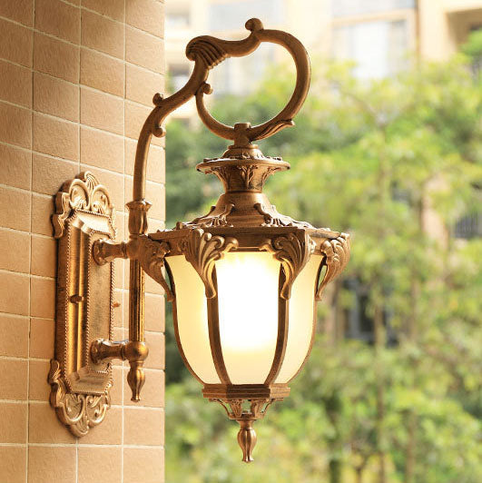 European Retro Aluminum Glass Carved Lantern 1-Light Outdoor Waterproof Wall Sconce Lamp