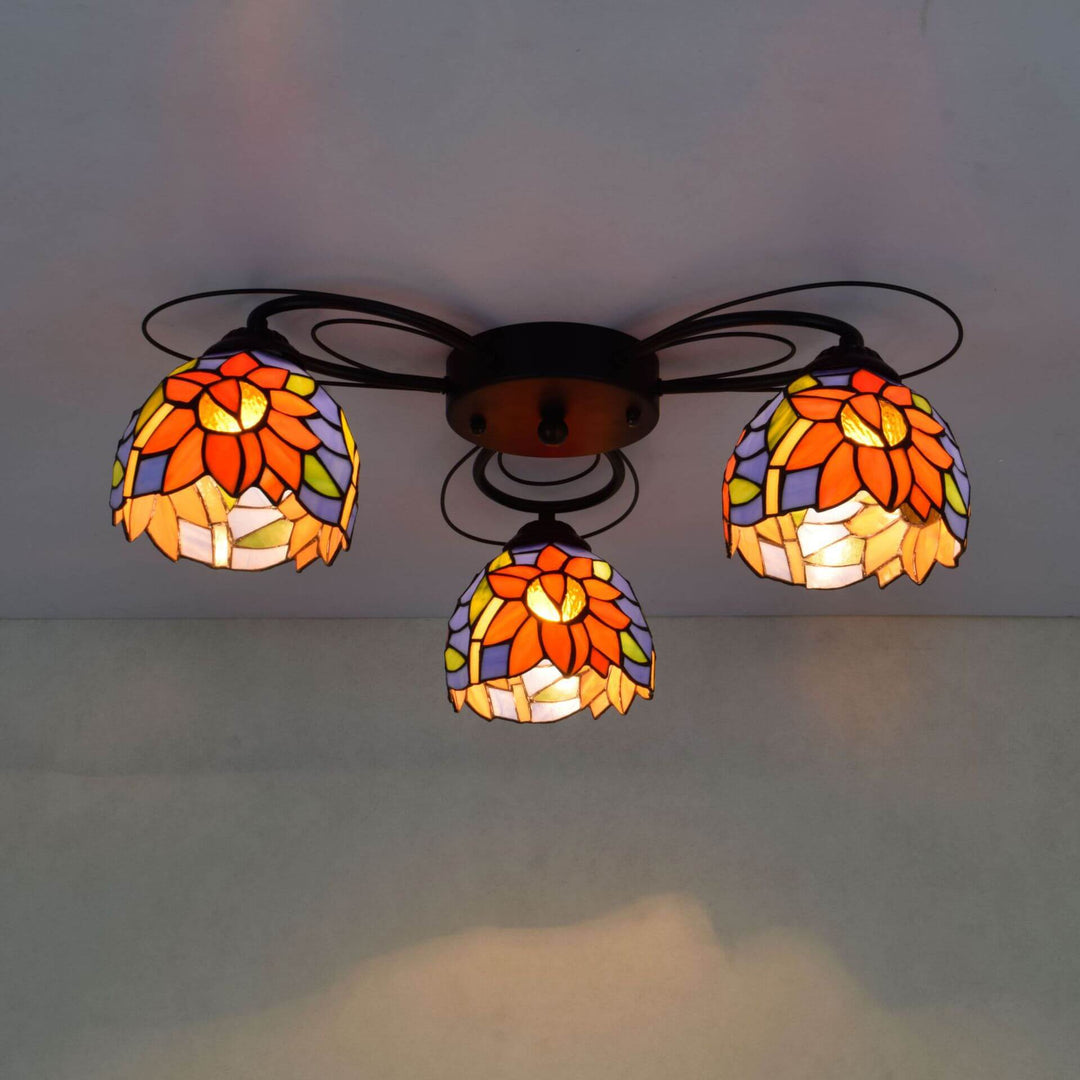 Luz de montaje empotrado de 3 luces de vidrio de hierro Tiffany rústico europeo 