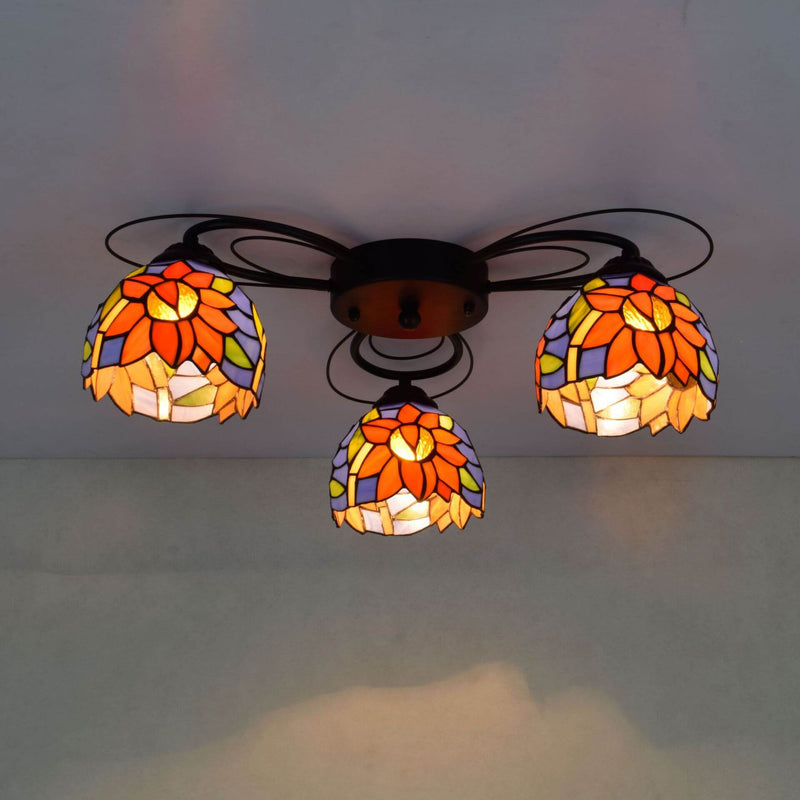 European Rustic Tiffany Iron Glass 3-Light Flush Mount Light