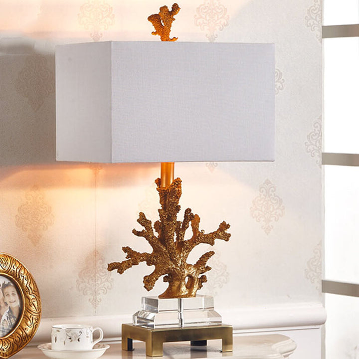 Modern Art Deco Linen Resin Crystal Coral Base 1-Light Table Lamp For Bedroom